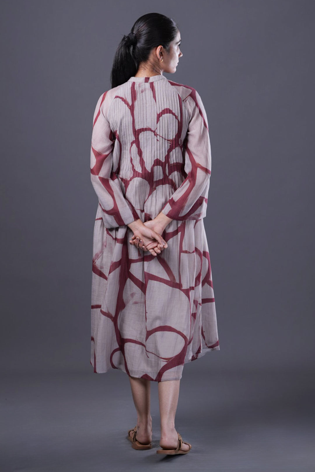 Beige and Red Abstract Print Pintucked Chanderi Dress