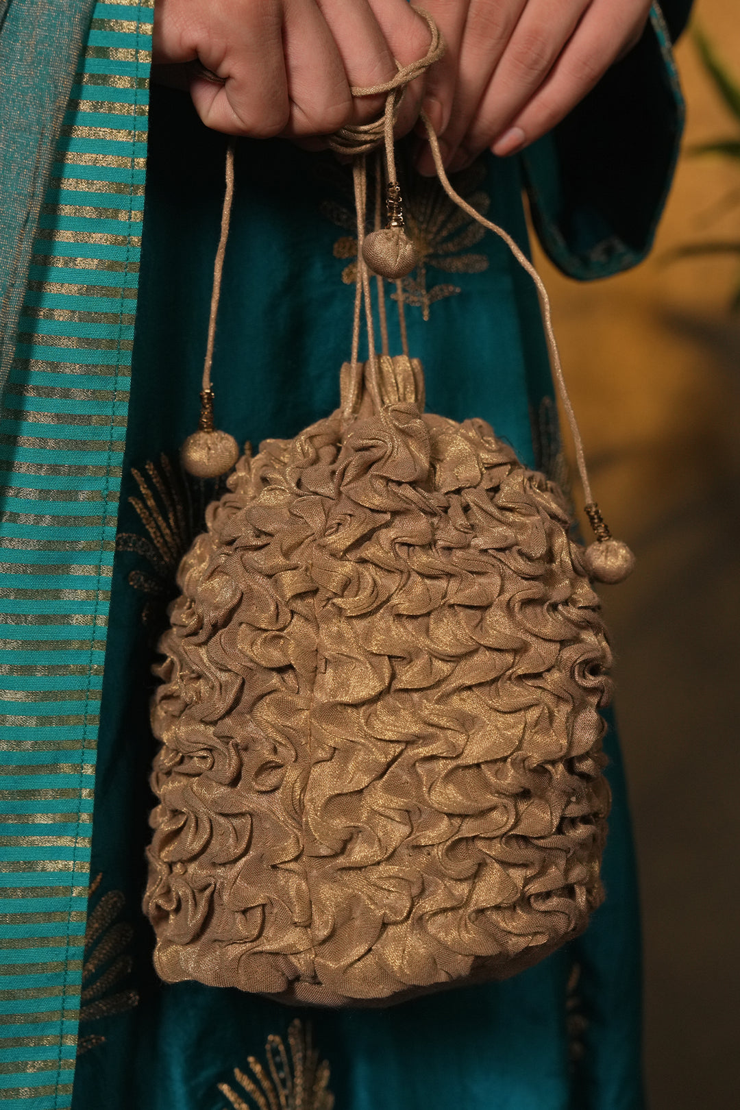 Gold Hand Embroidered Tissue Potli