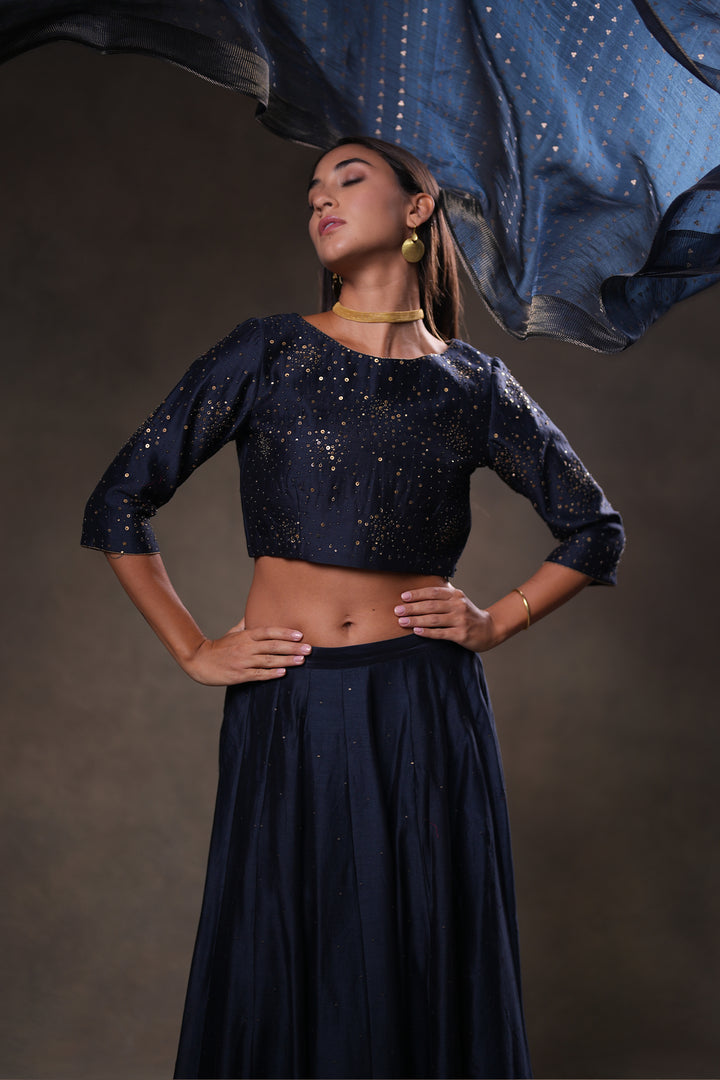 Navy Hand Embroidered Chanderi Lehenga Set with Blouse & Dupatta