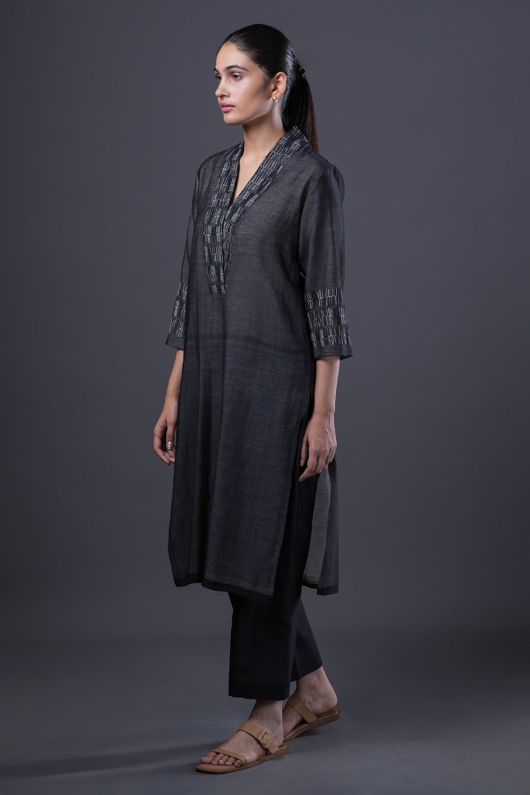 Black Embroidered Chanderi Kurta Set