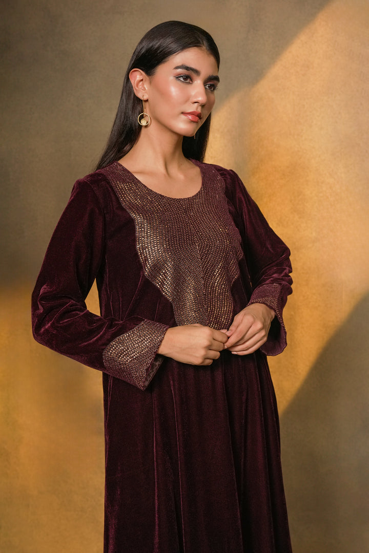 Plum Velvet Kurta with Pants and Organza Dupatta