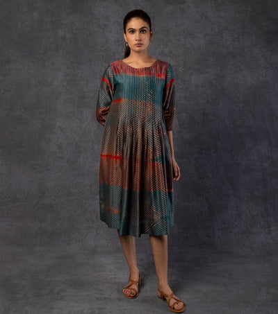Blue & Red Pleated Chanderi Dress