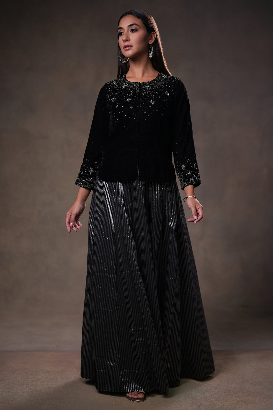 Black Hand Embroidered Velvet Blouse with Tissue Skirt & Organza Dupatta