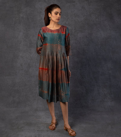Blue & Red Pleated Chanderi Dress