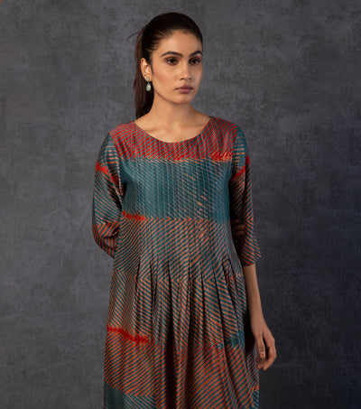 Blue & Red Pleated Chanderi Dress