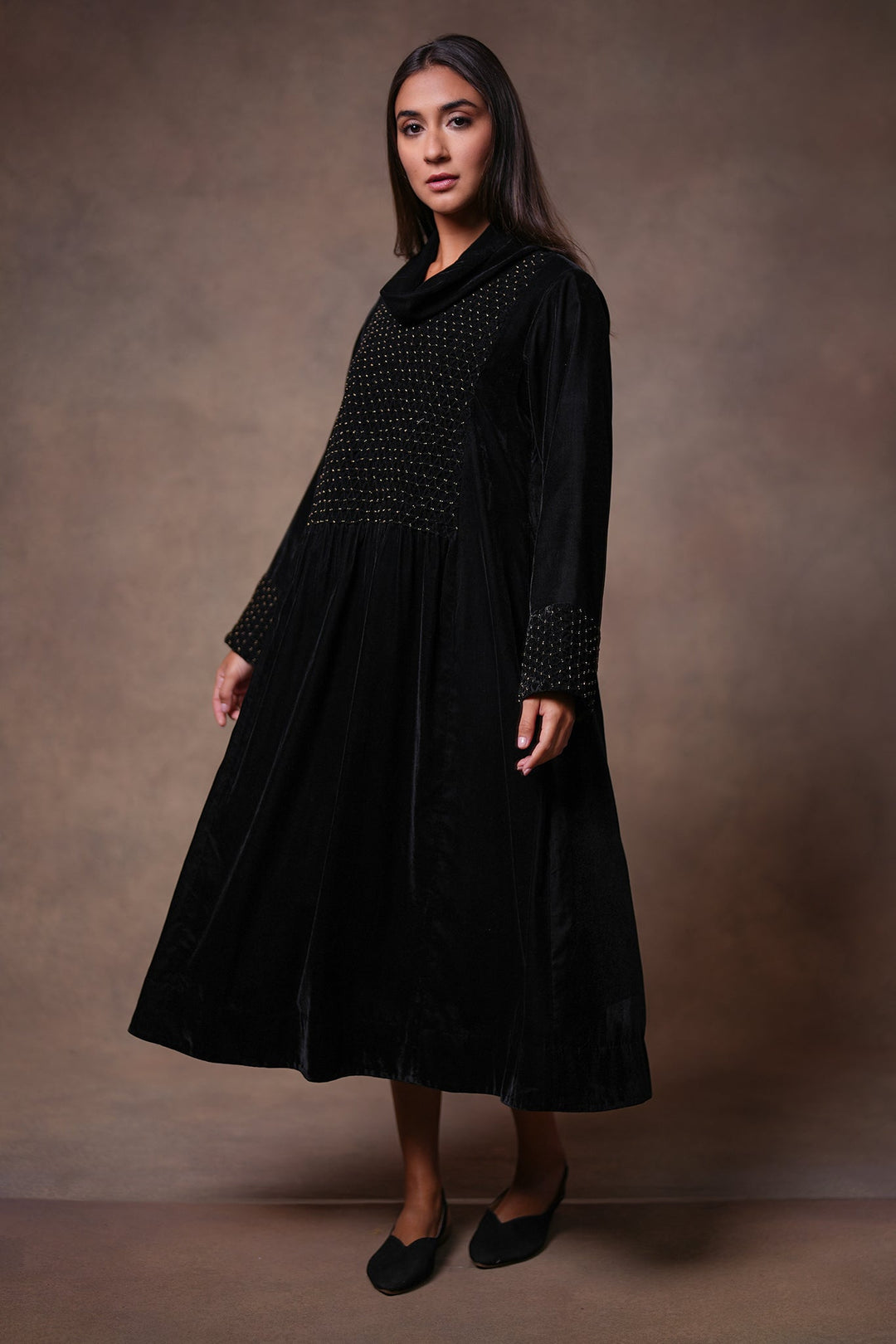 Black Hand Embroidered Velvet Dress