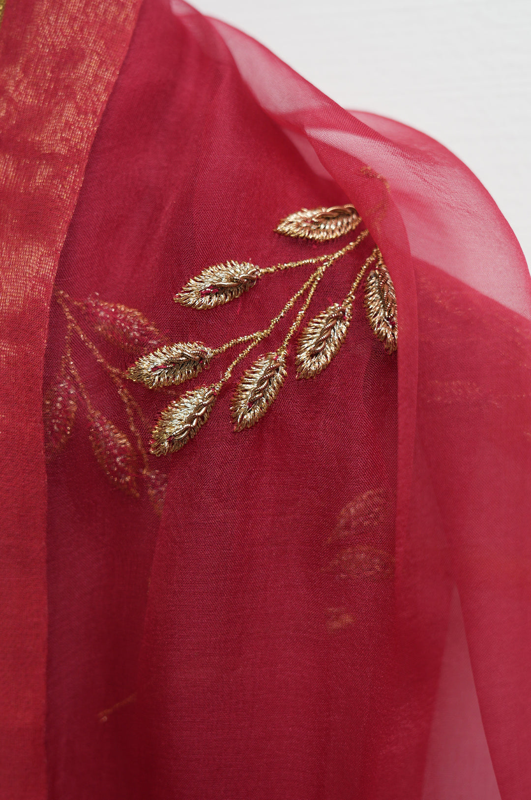 Coral Hand-Embroidered Tissue Lehenga Set