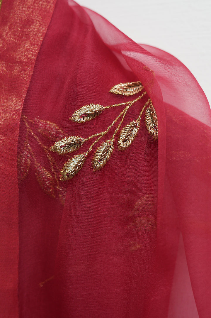 Coral Hand-Embroidered Tissue Lehenga Set