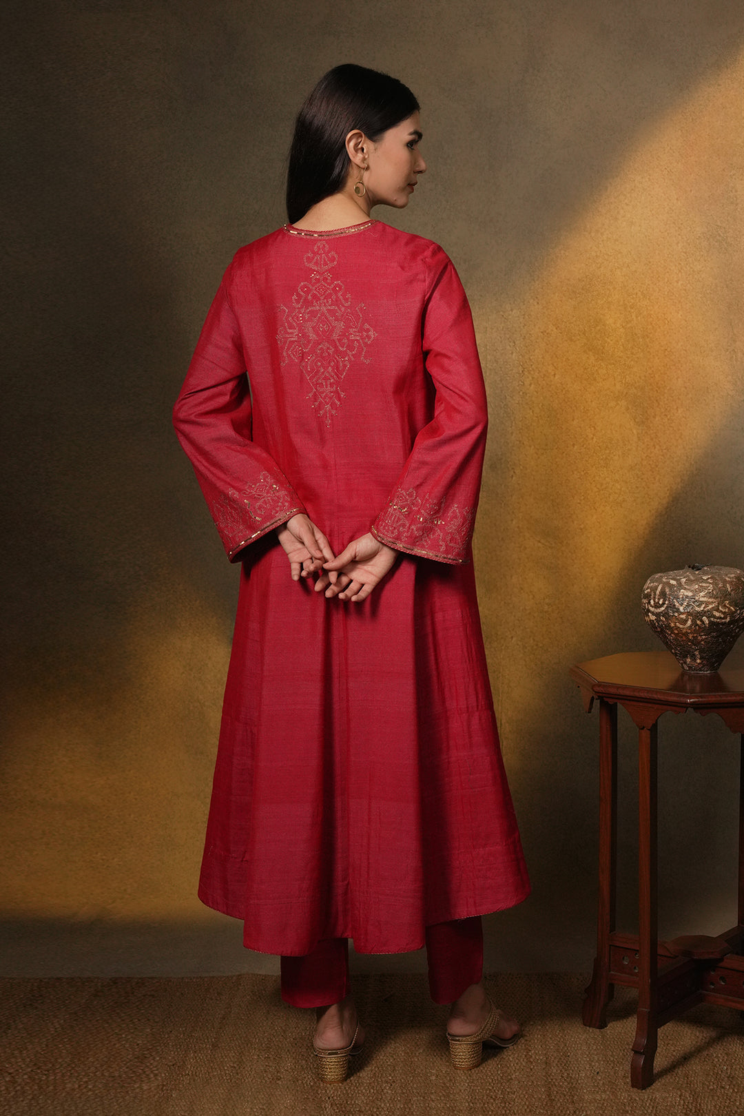 Hot Pink Hand Embroidered Silk Kurta with Organza Dupatta