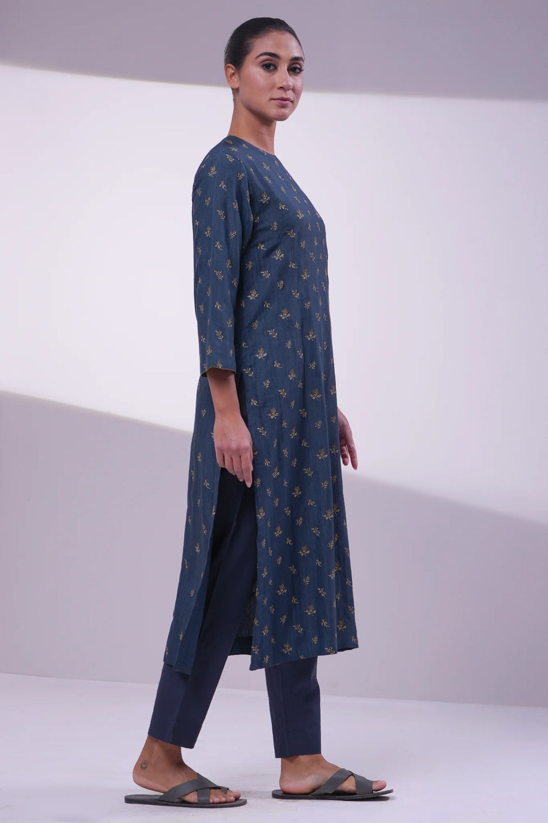Navy Cotton Silk Embroidered Kurta Set