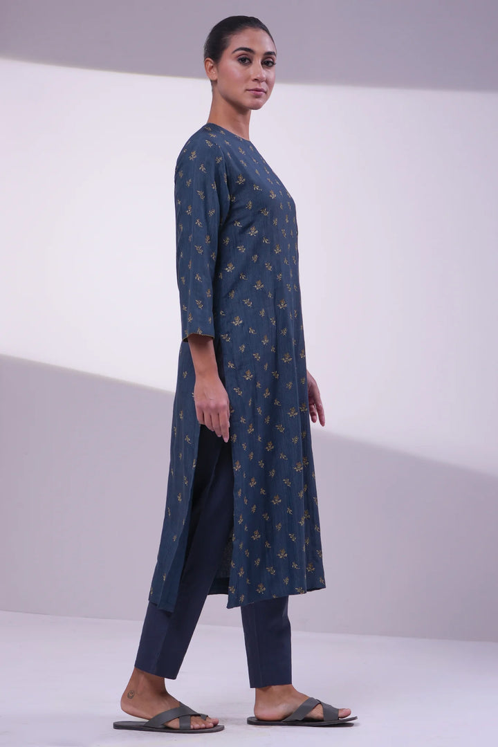 Navy Cotton Silk Embroidered Kurta Set