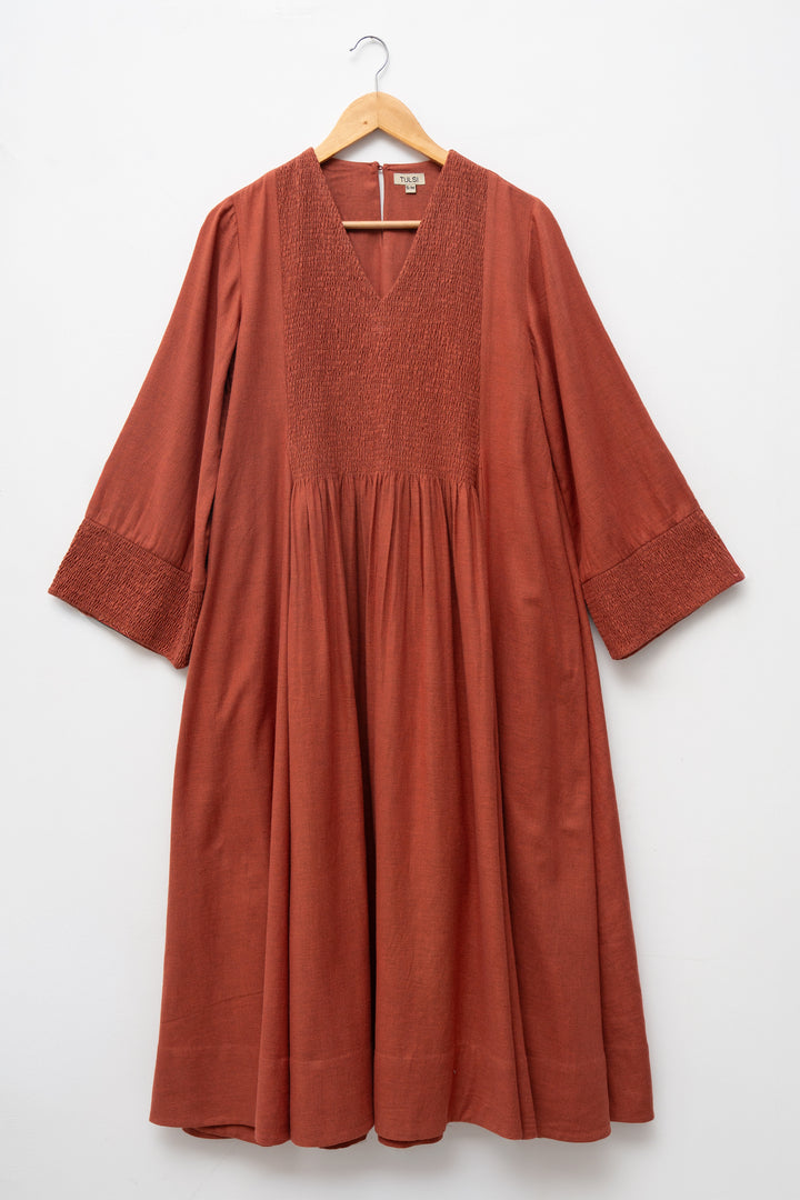 Rust Embroidered Wool Dress