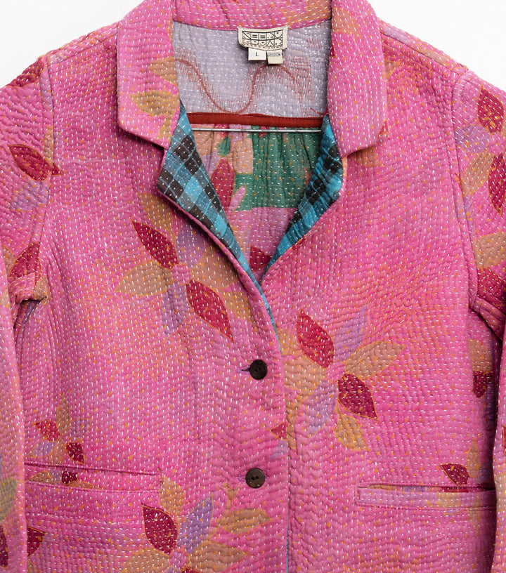 Pink Vintage Cotton Kantha Jacket For Kids