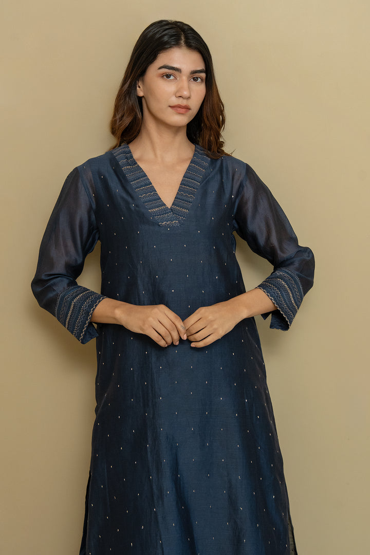Prussian Blue Embroidered Chanderi Kurta Set