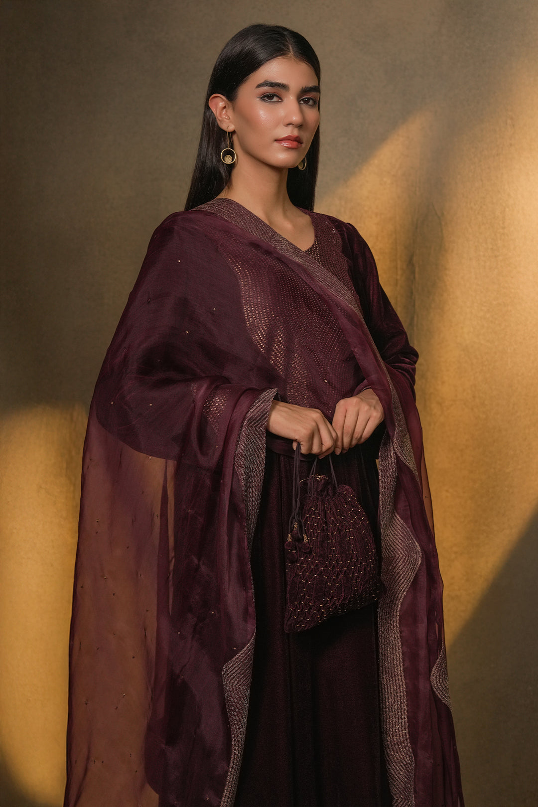 Plum Embroidered Organza Dupatta