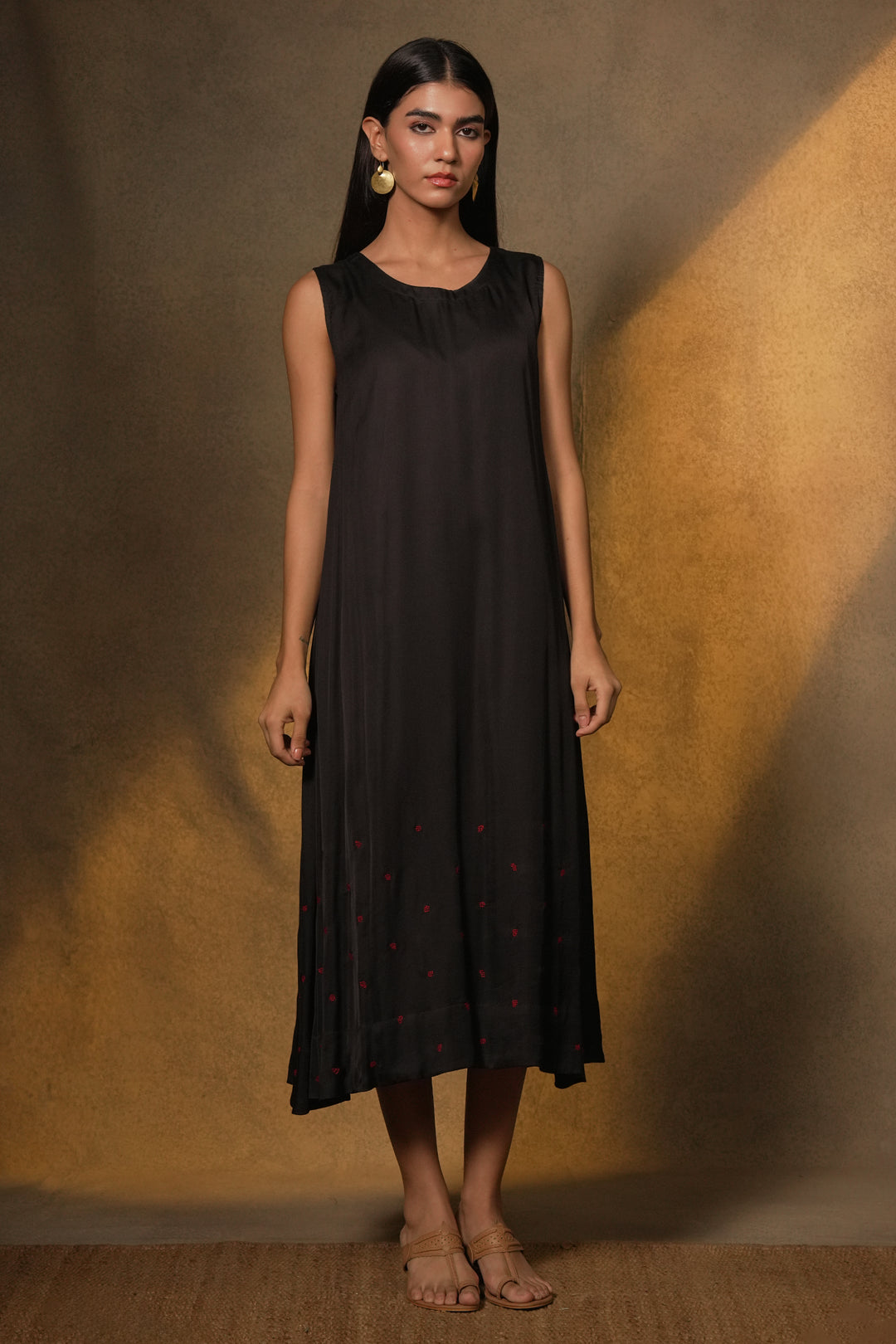 Black Cotton Dress with Patch Embroidered Cotton Silk Jacket