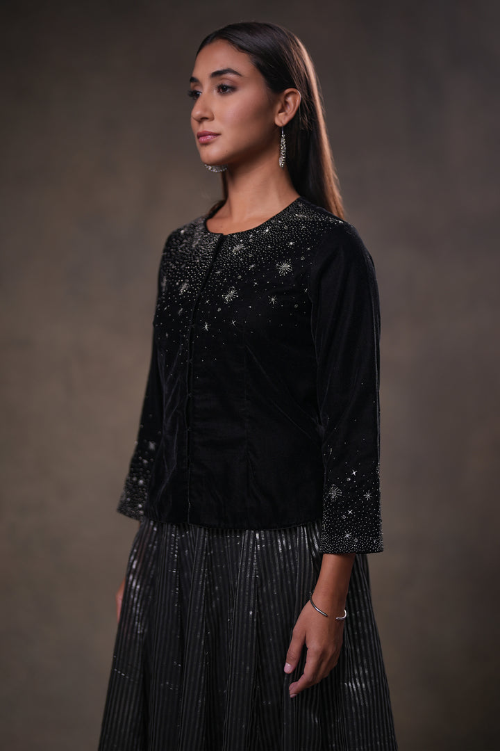 Black Hand Embroidered Velvet Blouse