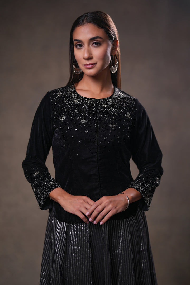 Black Hand Embroidered Velvet Blouse with Tissue Skirt & Organza Dupatta