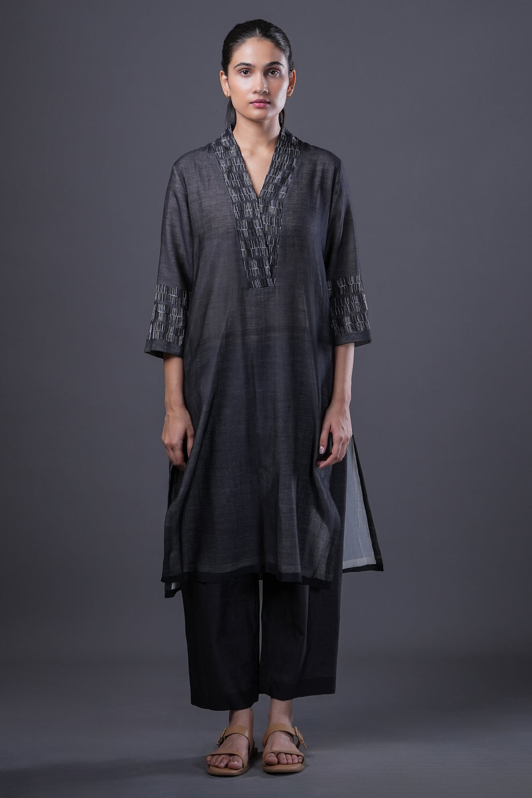 Black Embroidered Chanderi Kurta Set