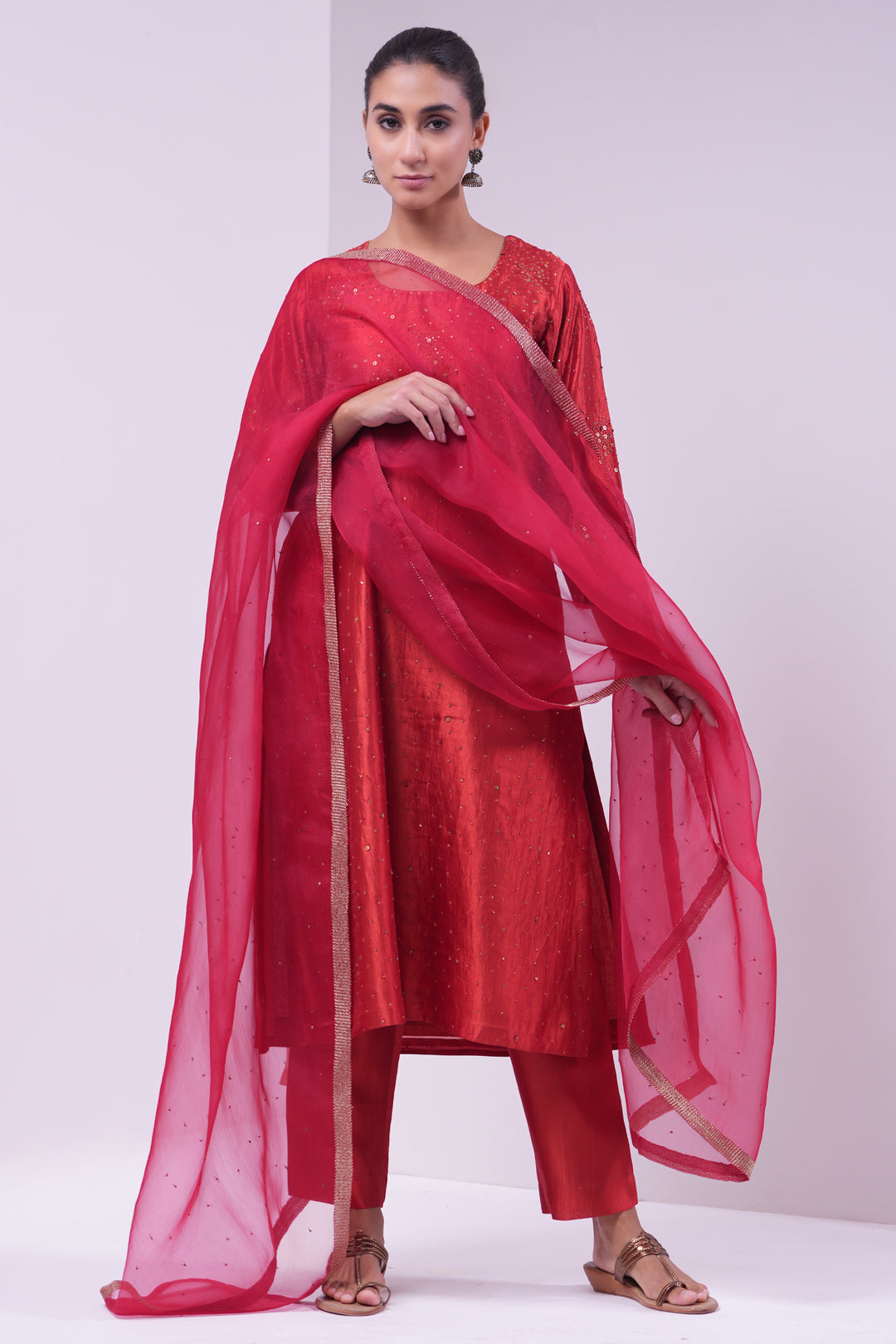 Rust Hand Embroidered Silk Kurta with Pants and Dupatta