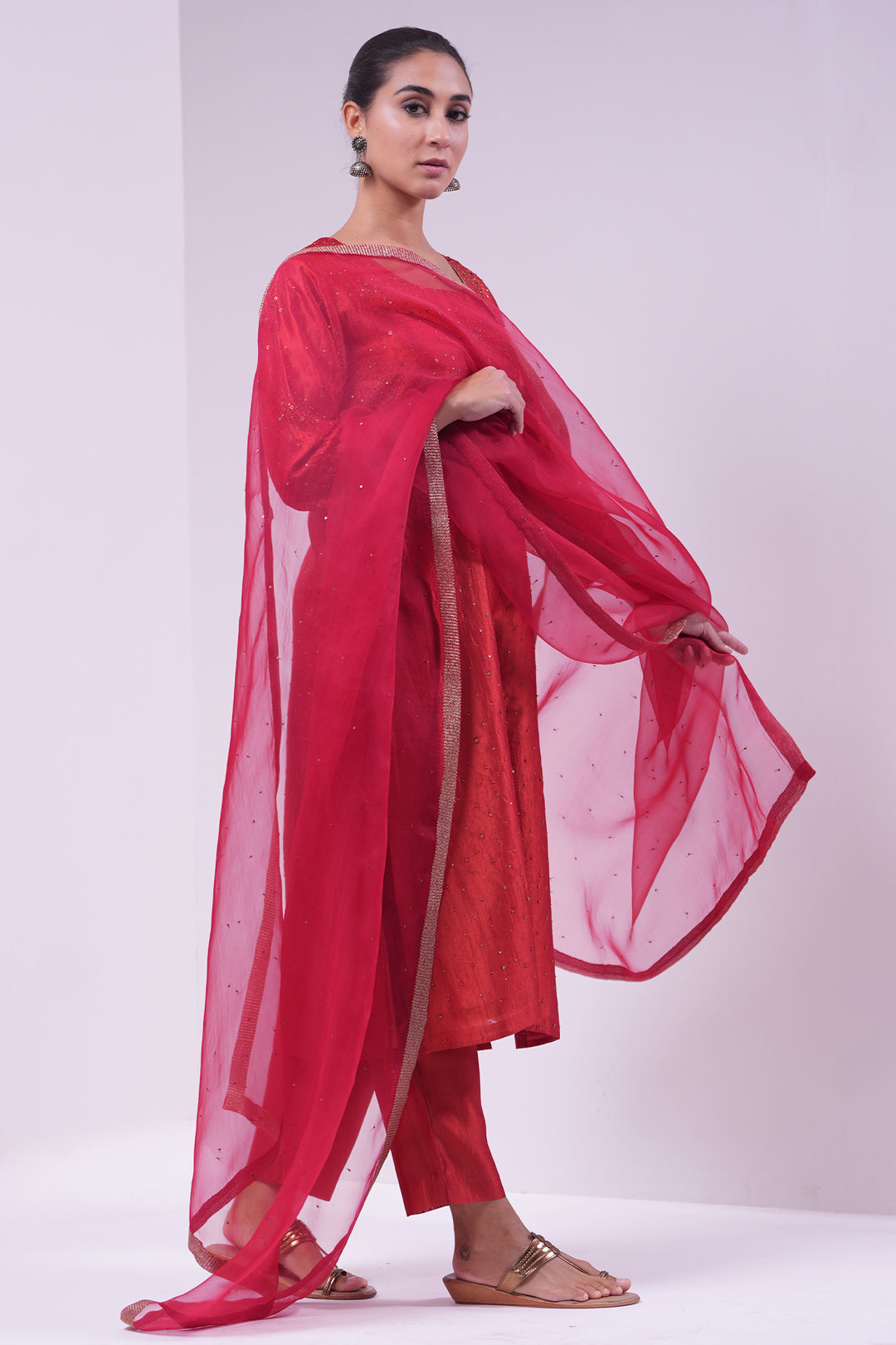 Rust Hand Embroidered Silk Kurta with Pants and Dupatta