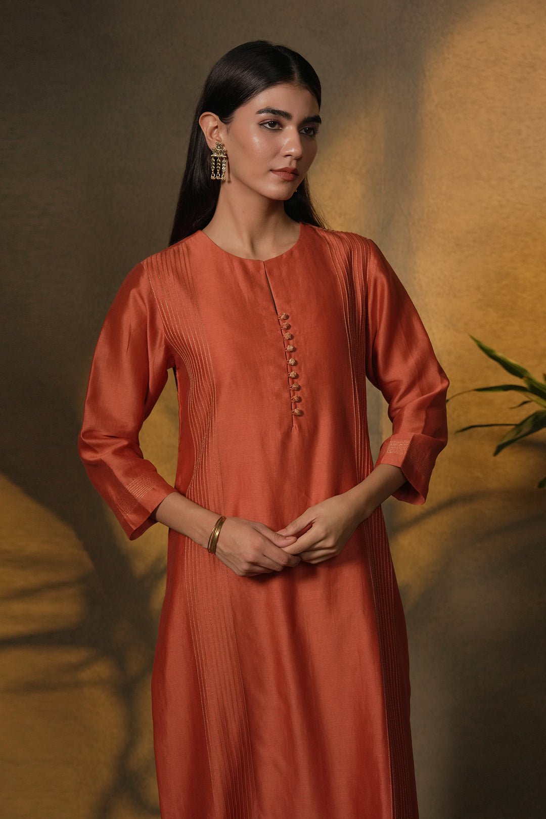 Rust Chanderi Kurta with Pants and Hand Embroidered Dupatta