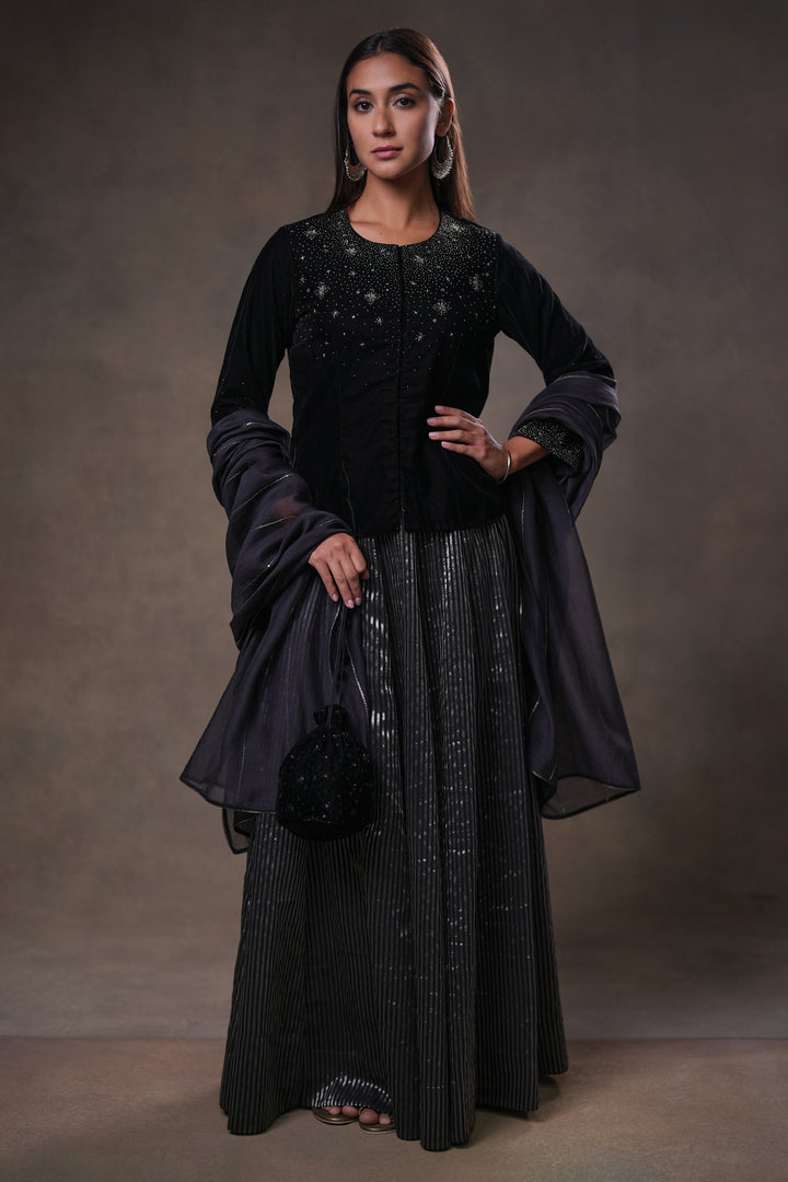 Black Hand Embroidered Velvet Blouse with Tissue Skirt & Organza Dupatta