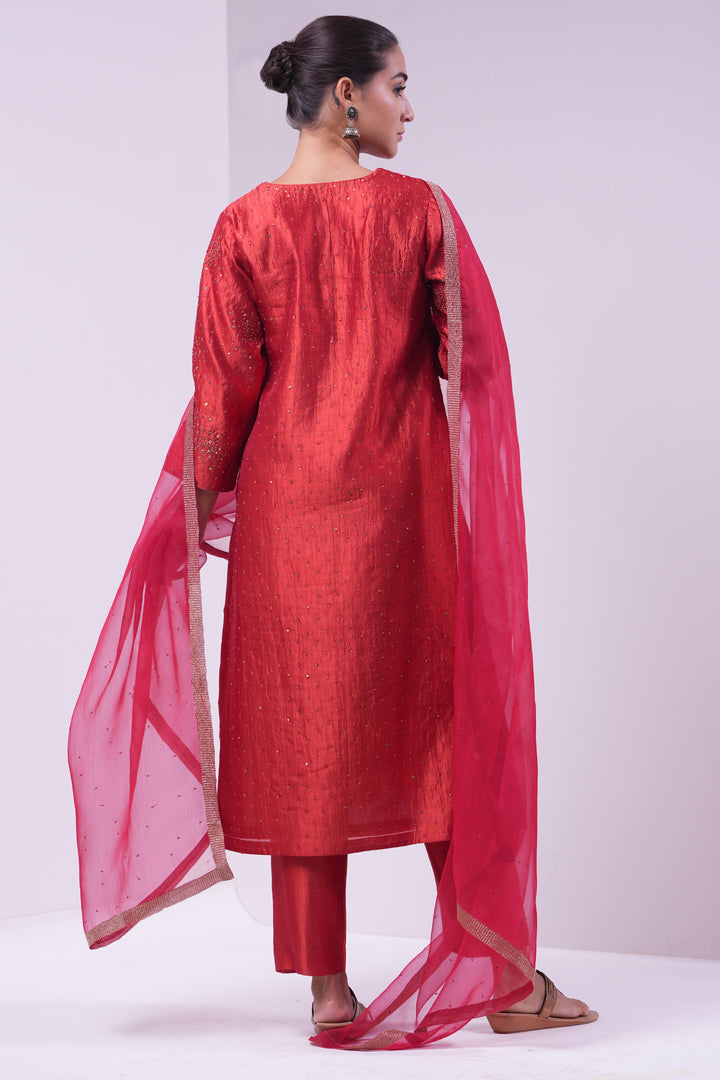Rust Hand Embroidered Silk Kurta with Pants and Dupatta