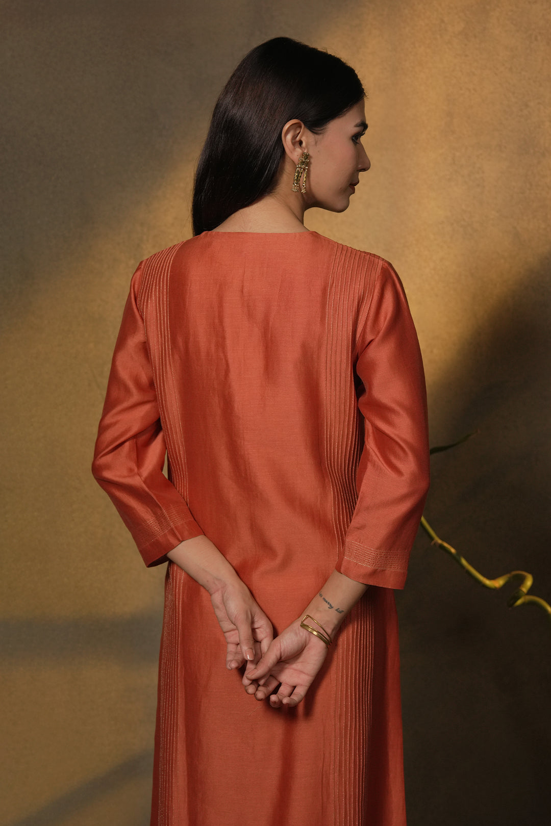 Rust Chanderi Kurta with Pants and Hand Embroidered Dupatta