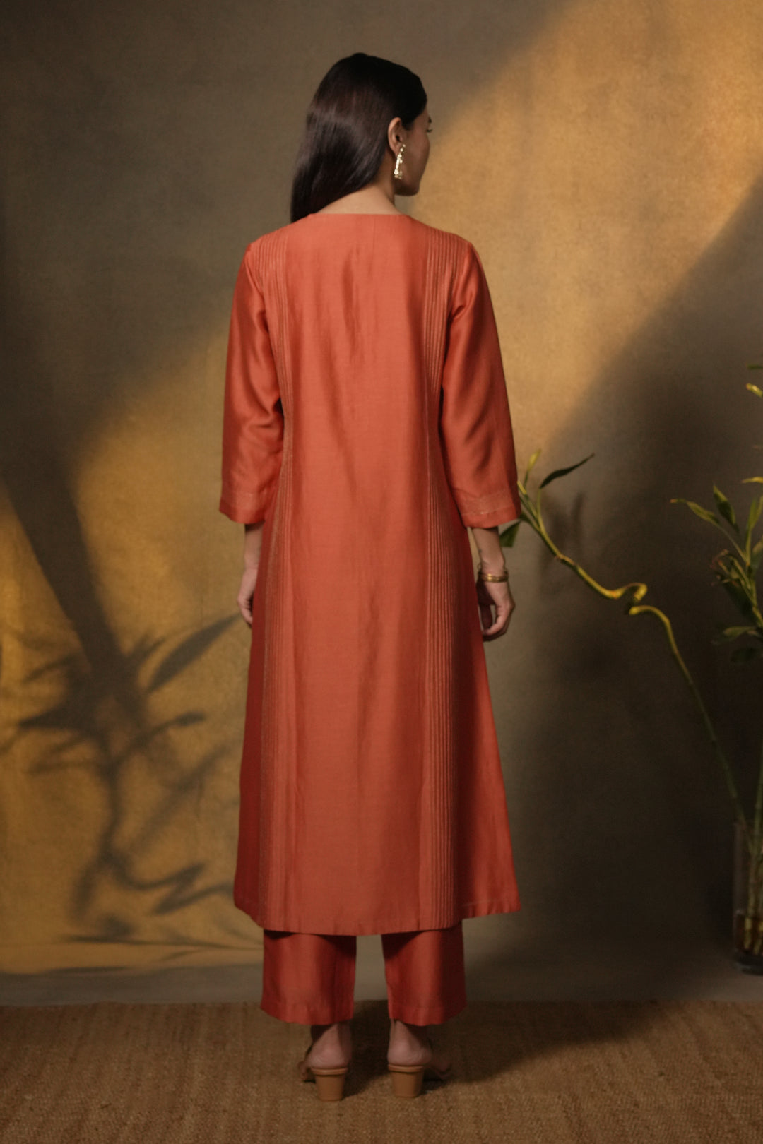 Rust Chanderi Kurta with Pants and Hand Embroidered Dupatta