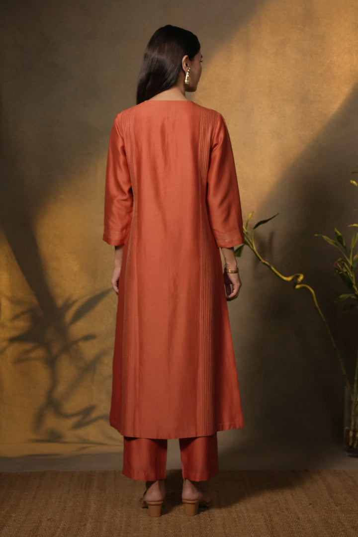 Rust Chanderi Kurta with Pants and Hand Embroidered Dupatta