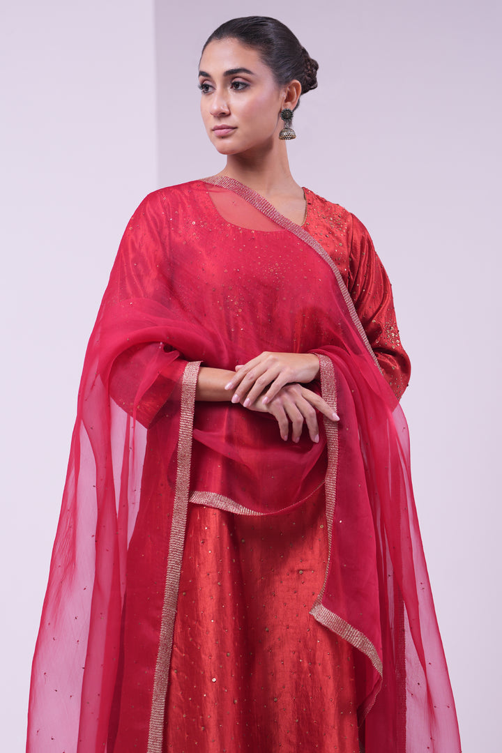 Rust Hand Embroidered Silk Kurta with Pants and Dupatta