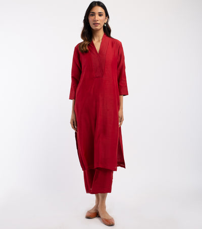 Red Cotton Silk Kurta & Pants Set