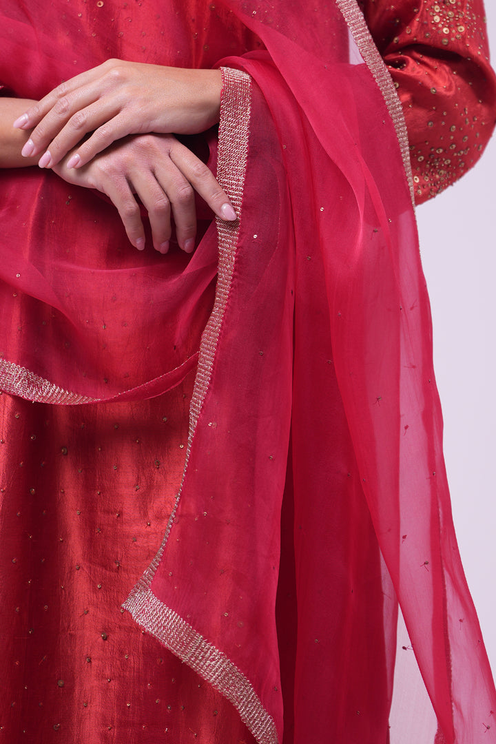Rust Hand Embroidered Silk Kurta with Pants and Dupatta