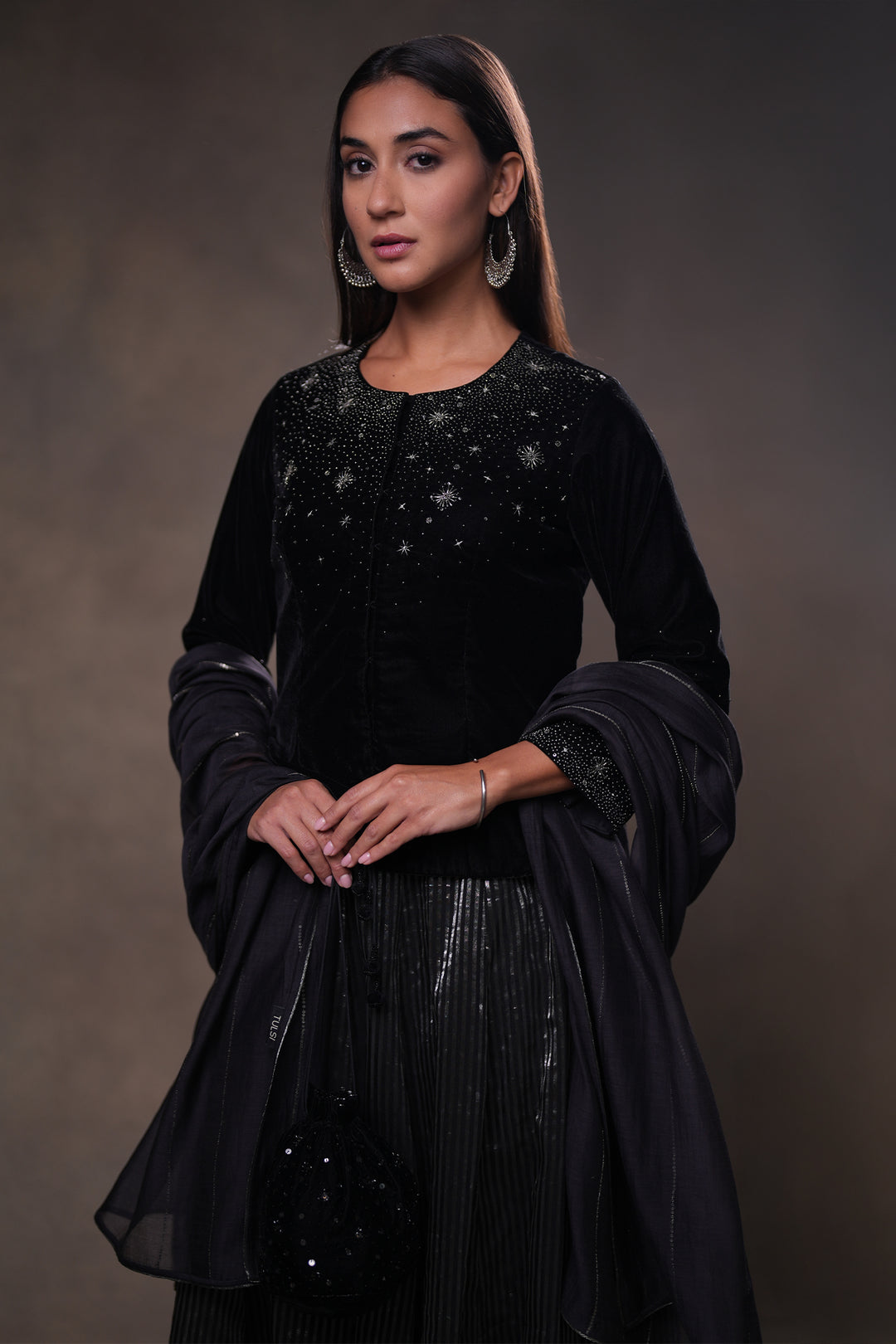 Black Hand Embroidered Velvet Blouse with Tissue Skirt & Organza Dupatta
