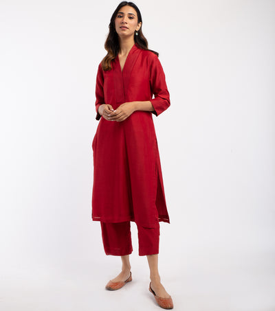 Red Cotton Silk Kurta & Pants Set