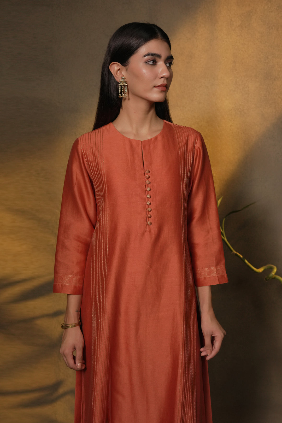 Rust Chanderi Kurta with Pants and Hand Embroidered Dupatta