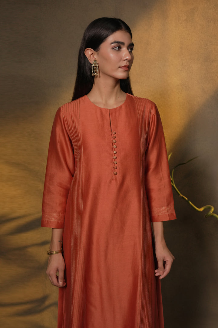 Rust Chanderi Kurta with Pants and Hand Embroidered Dupatta