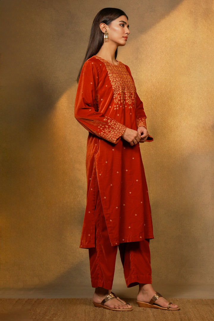 Orange Velvet Kurta with Pants and Tissue Dupatta