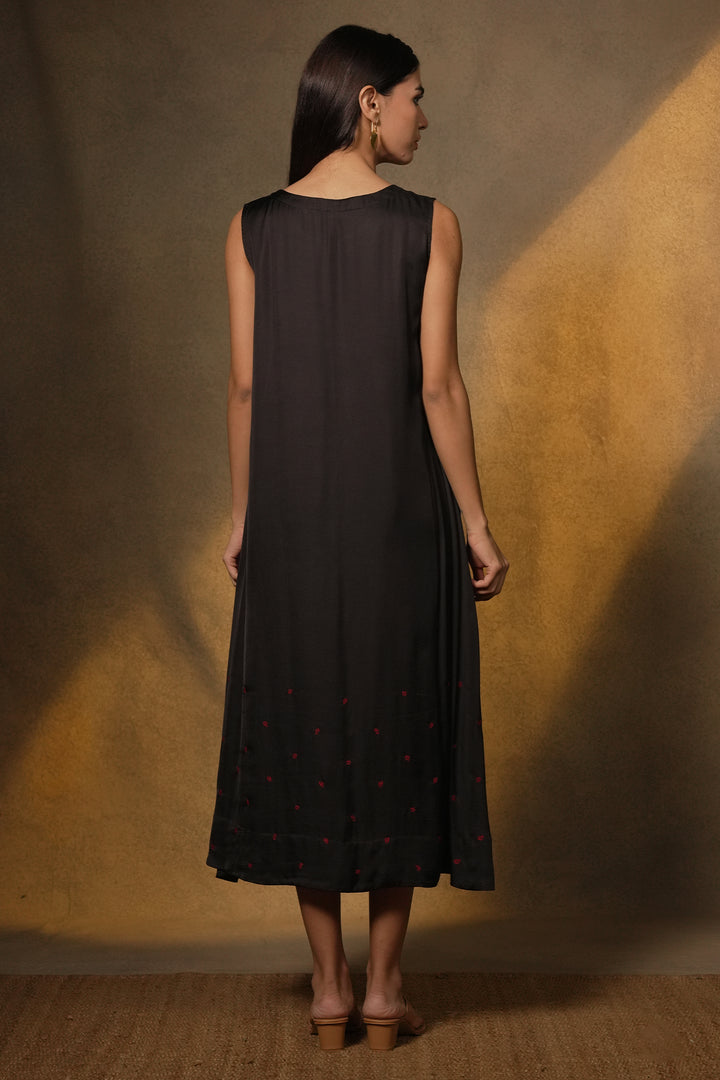 Black Cotton Dress with Patch Embroidered Cotton Silk Jacket