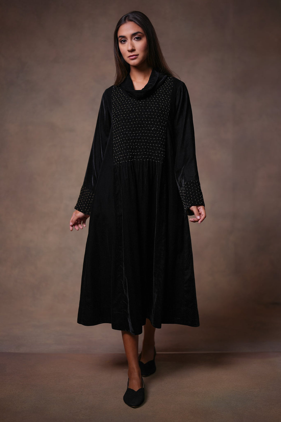 Black Hand Embroidered Velvet Dress