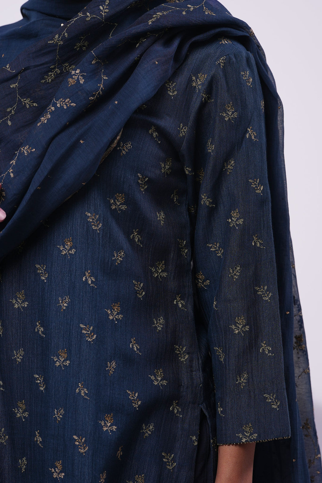 Navy Cotton Silk Embroidered Kurta Set