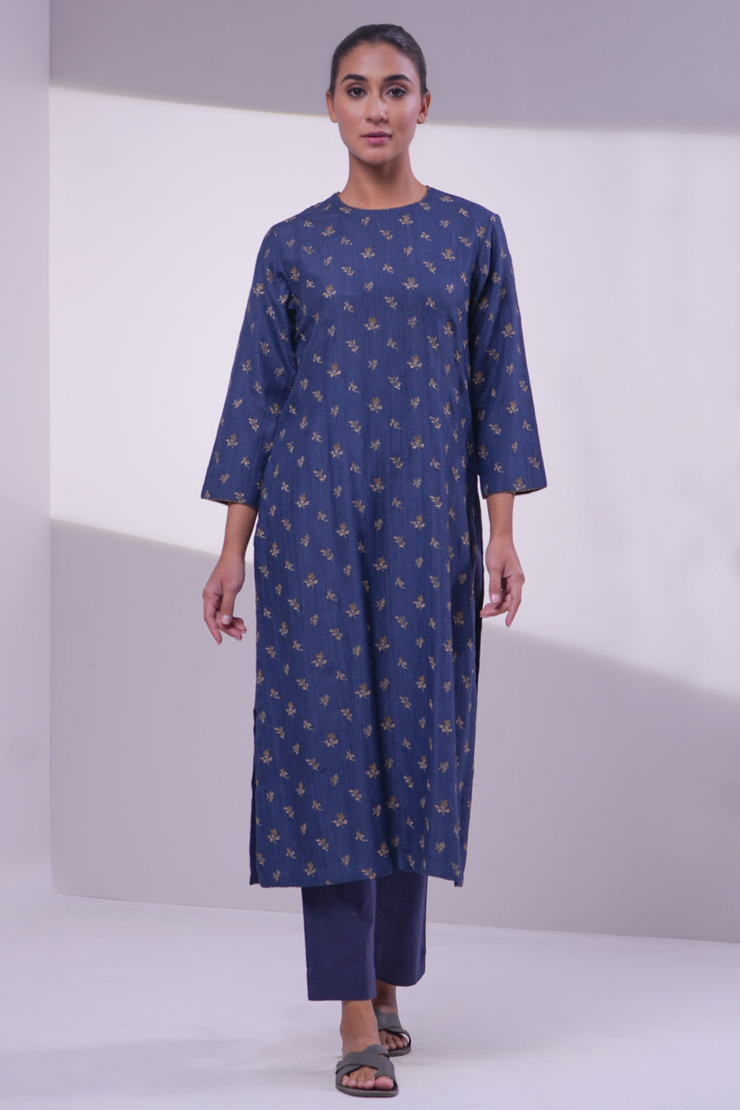 Navy Cotton Silk Embroidered Kurta Set