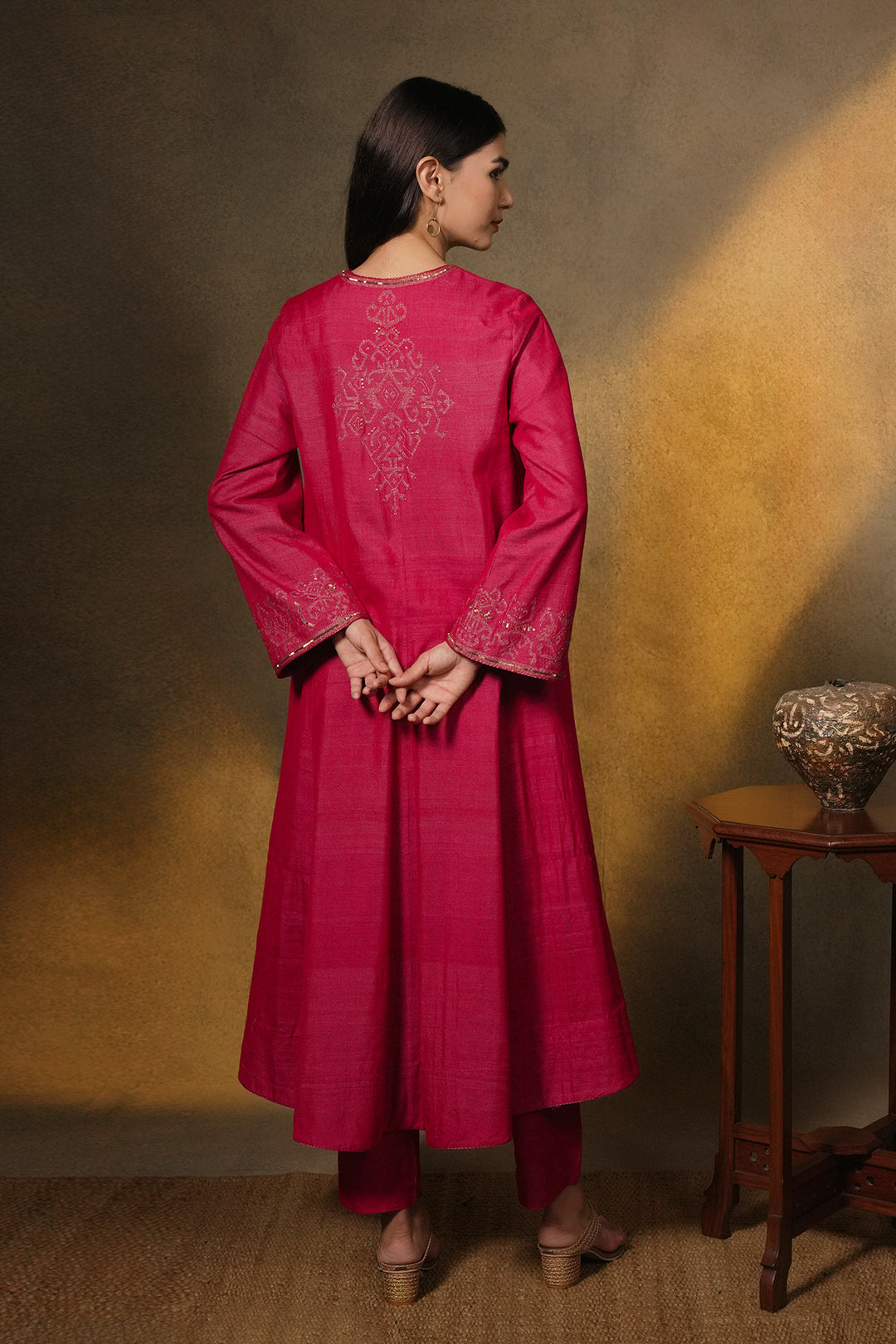 Hot Pink Hand Embroidered Silk Kurta with Organza Dupatta