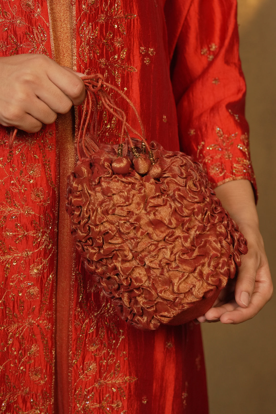 Maroon Hand Embroidered Tissue Potli