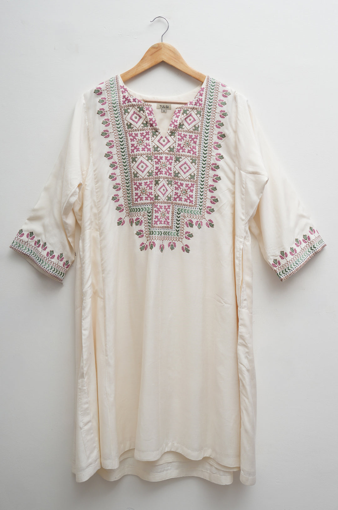 Off-white and Rose Embroidered Kurta Set