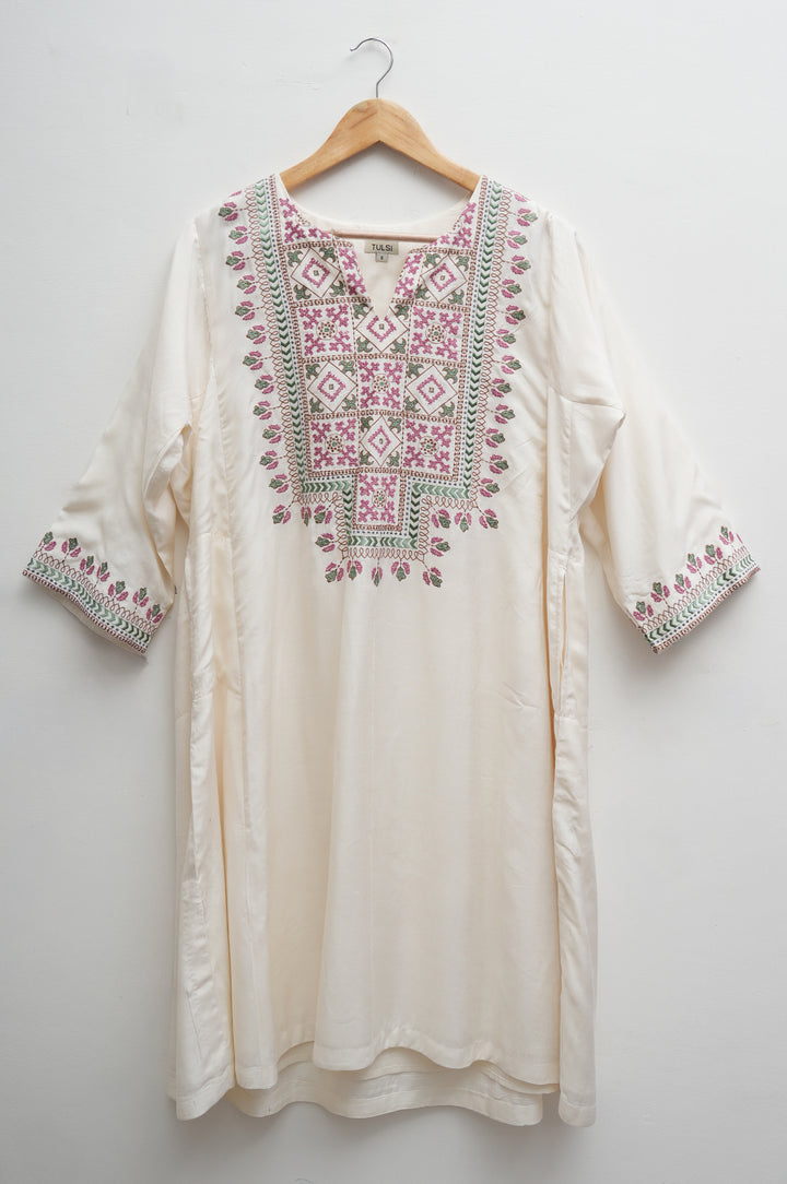 Off-white and Rose Embroidered Kurta Set
