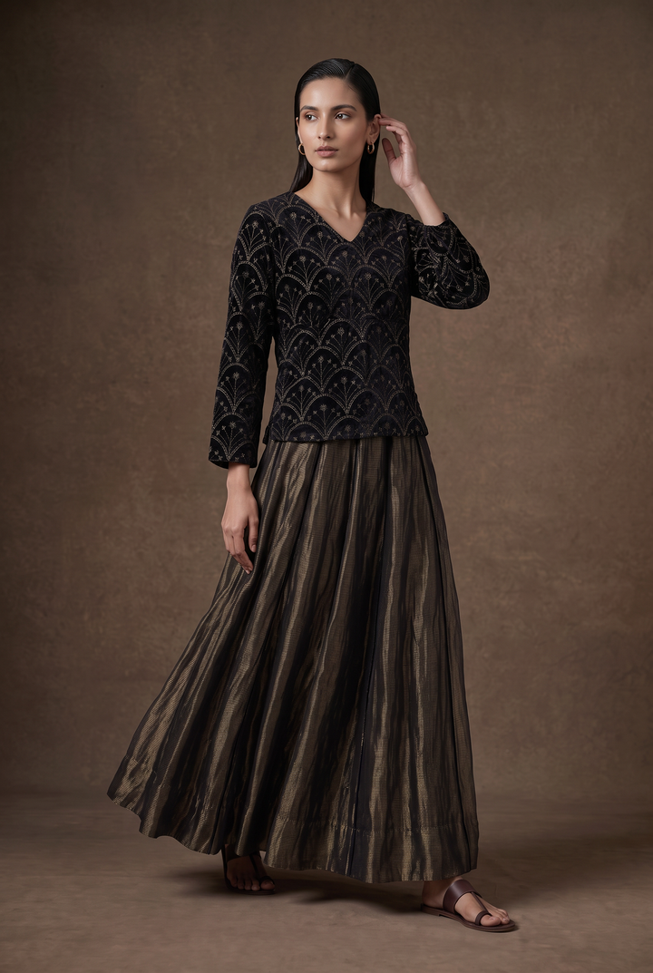 Black & Gold Hand-Embroidered Velvet Blouse and Lehenga Set
