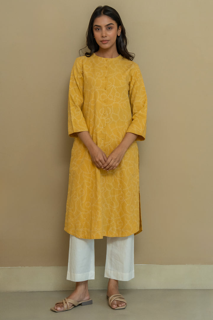 Mustard embroidered cotton kurta