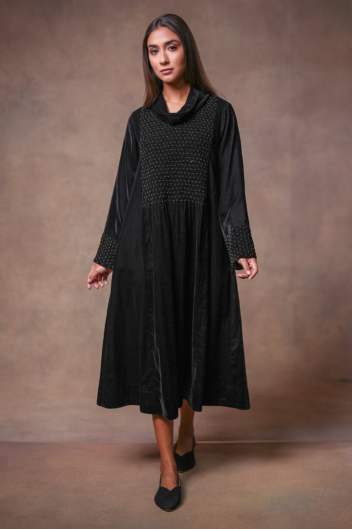 Black Hand Embroidered Velvet Dress